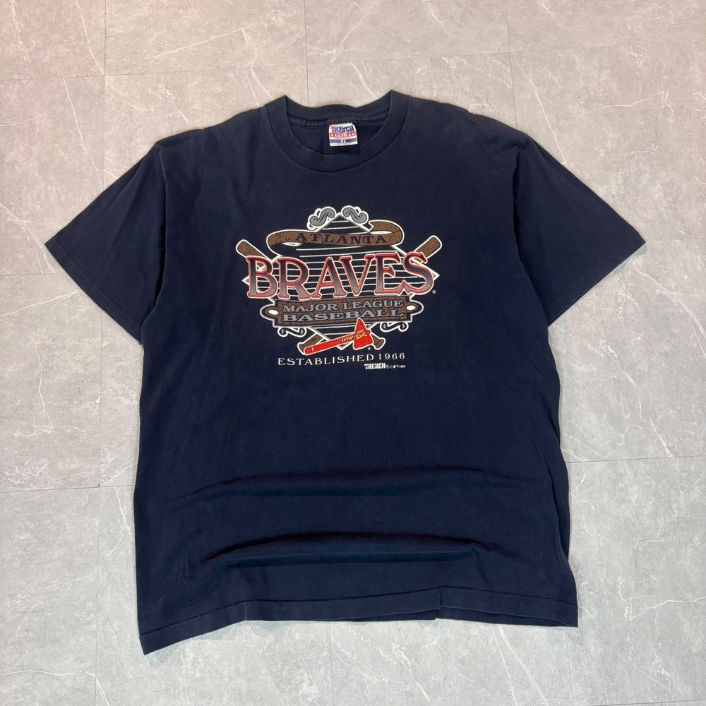 Vintage 1993 Atlanta Braves Trench Ultra MLB T-Shirt Navy Blue Mens XL USA Made